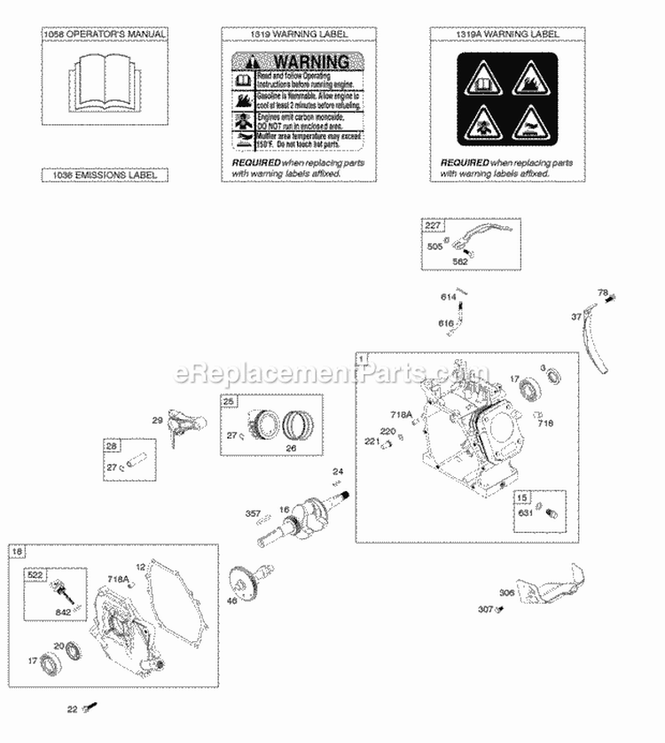 Camshaft Crankcase Cover Crankshaft Cylinder OperatorS Manual PistonRingsConnecting Rod Warning Label Diagram and Parts List for 083132-0130-B1  Briggs and Stratton Engine